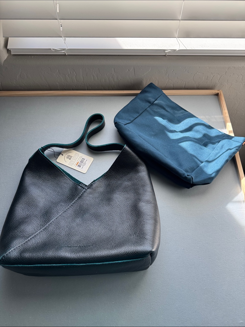 Portland Leather Black Shoulder Bag with Teal Interior